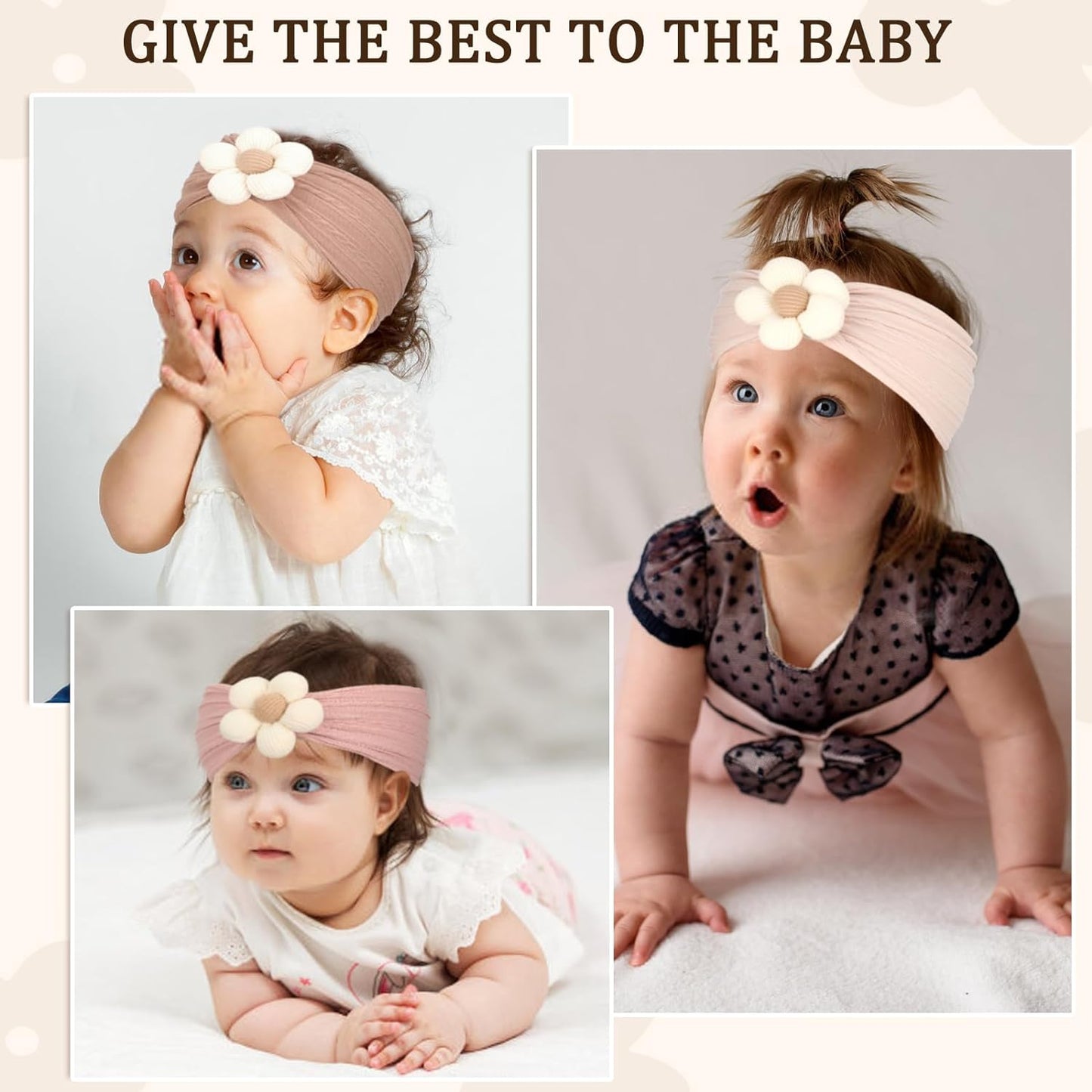 Baby Flower Headbands Set (3 Pcs, Beige Pink Khaki