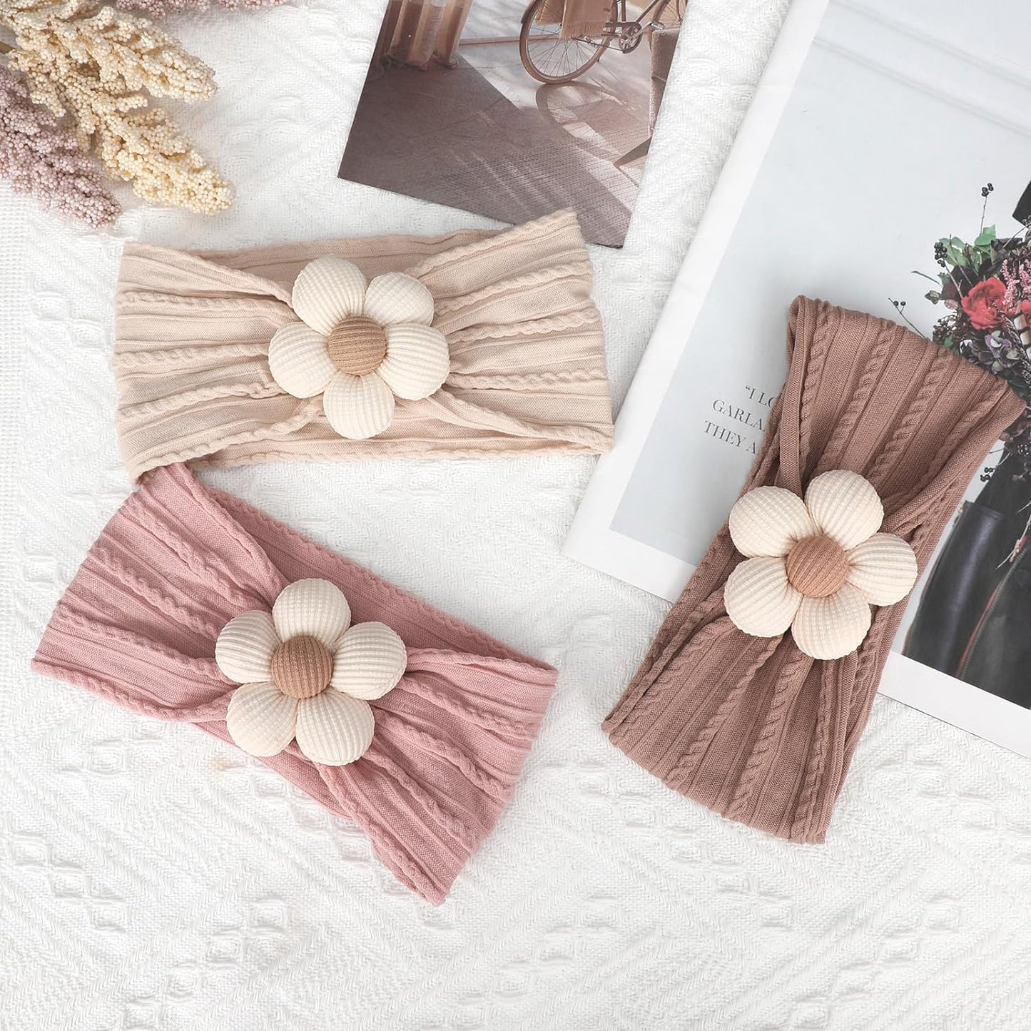 Baby Flower Headbands Set (3 Pcs, Beige Pink Khaki