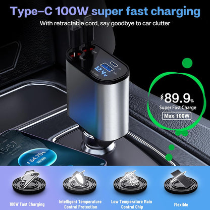 100W Retractable Car Charger: Fast Charge iPhone & Type C ⚡️